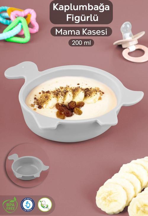 Kaplumbağa Figürlü Silikon Bebek Mama Kasesi - Şekilli Bebek Beslenme Kasesi - Gri