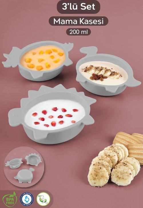 3'Lü Hayvan Figürlü Silikon Bebek Mama Kasesi Seti - Şekilli Bebek Beslenme Kasesi Gri