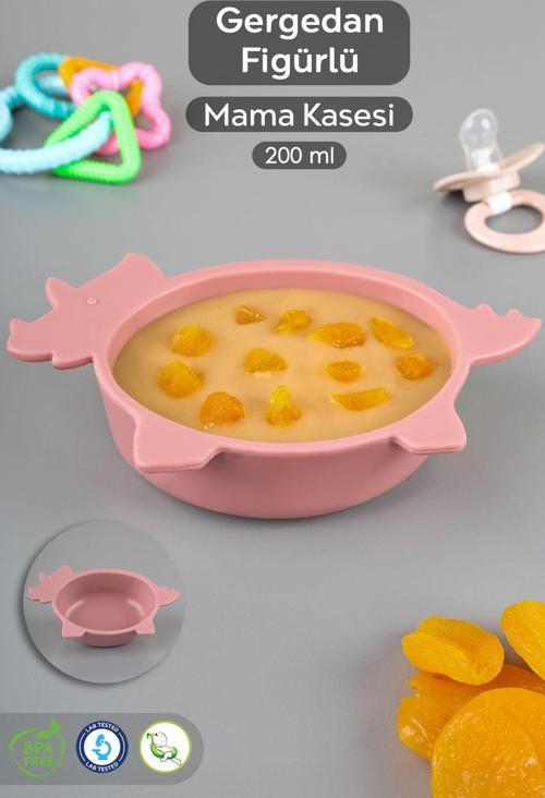 Gergedan Figürlü Silikon Bebek Mama Kasesi - Şekilli Bebek Beslenme Kasesi - Pembe