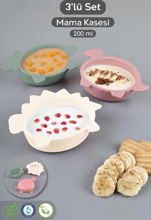 3'Lü Hayvan Figürlü Silikon Bebek Mama Kasesi Seti - Şekilli Bebek Beslenme Kasesi Pembe Yeşil Bej