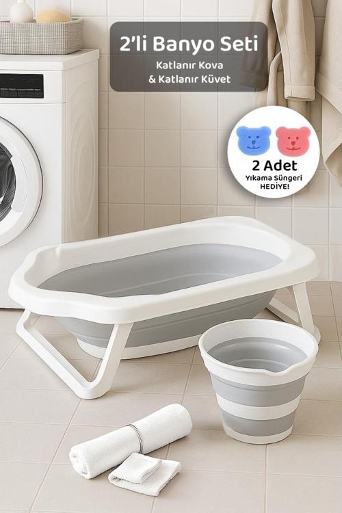 2'Li Set Katlanır Bebek Banyo Seti - Katlanabilir Bebek Küveti, Su Kovası Seti - Gri