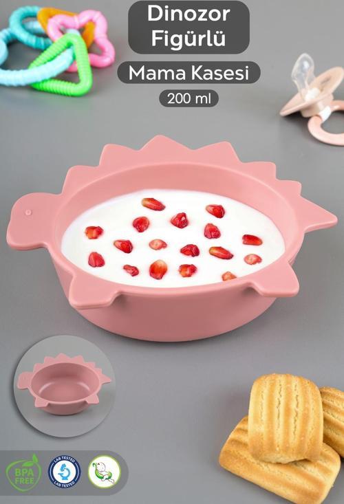 Dinozor Figürlü Silikon Bebek Mama Kasesi - Şekilli Bebek Beslenme Kasesi - Pembe