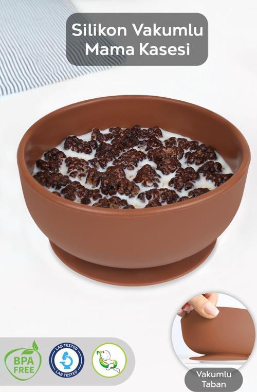 Vakumlu Silikon Bebek Mama Kasesi - Vakum Tabanlı Kase - Kahve
