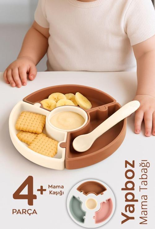 Puzzle Mama Tabağı Kaşık Seti - Silikon Vakum Tabanlı Yapboz Mama Tabağı Silikon Kaşık - Kahve Bej