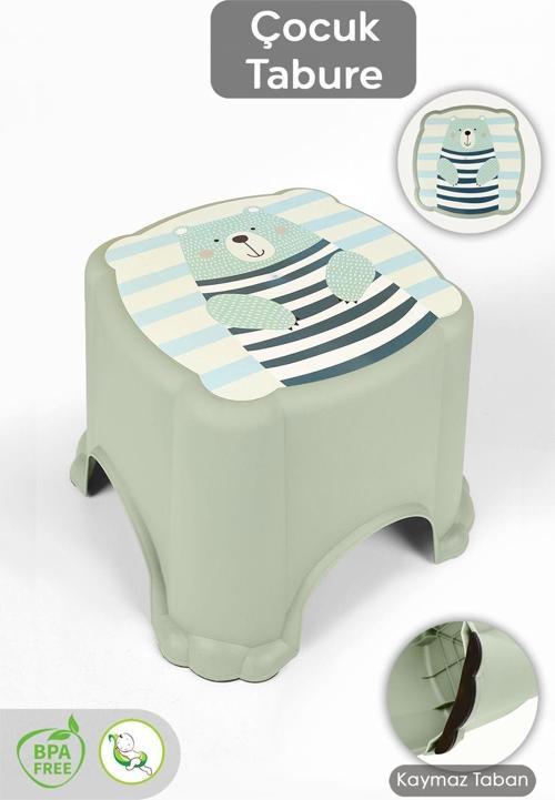 Kaydırmaz Tabanlı Çocuk Taburesi - Figürlü Banyo Lavabo Yükseltici Tabure - Yeşil