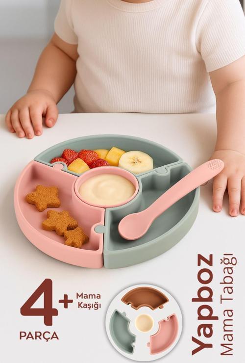 Puzzle Mama Tabağı Kaşık Seti - Silikon Vakum Tabanlı Yapboz Mama Tabağı Silikon Kaşık - Yeşil Pembe