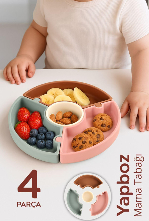 Vakumlu Silikon Puzzle Mama Tabağı - Vakum Tabanlı 4 Bölmeli Bebek Yapboz Mama Tabağı 4 Renk