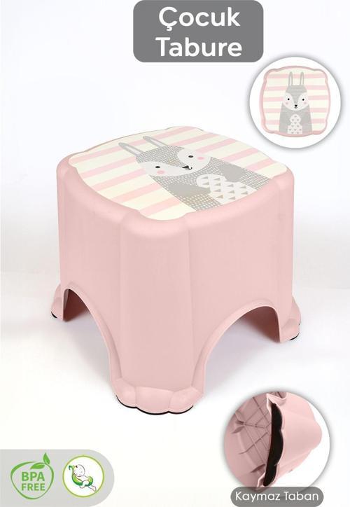 Kaydırmaz Tabanlı Çocuk Taburesi - Figürlü Banyo Lavabo Yükseltici Tabure - Pembe