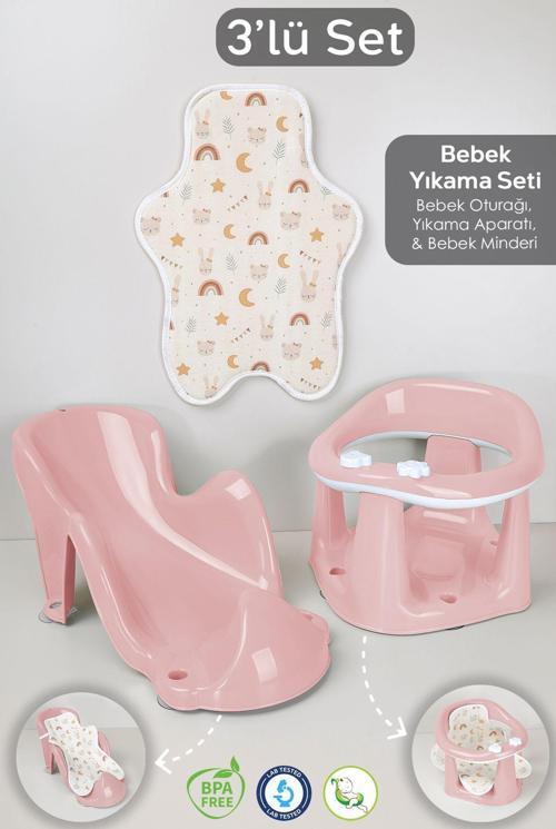 3'Lü Set - Vakumlu Bebek Yıkama Aparatı, Vakumlu Destekli Banyo Oturağı, Banyo Oturak Minderi Pembe
