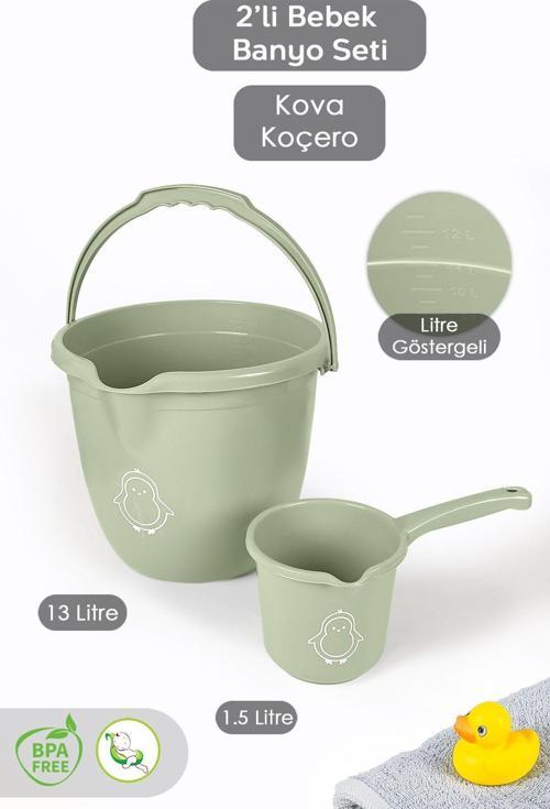 2'Li Bebek Banyo Seti - Figürlü Banyo Su Kovası - Maşrapa - Yeşil