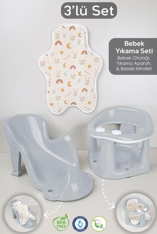 3'Lü Set - Vakumlu Bebek Yıkama Aparatı, Vakumlu Destekli Banyo Oturağı, Banyo Oturak Minderi Gri