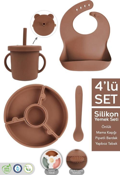 4'Lü Silikon Beslenme Seti - Yapboz Puzzle Mama Tabağı Önlük Pipetli Bardak Diş Kaşıyıcı Kaşık Kahve
