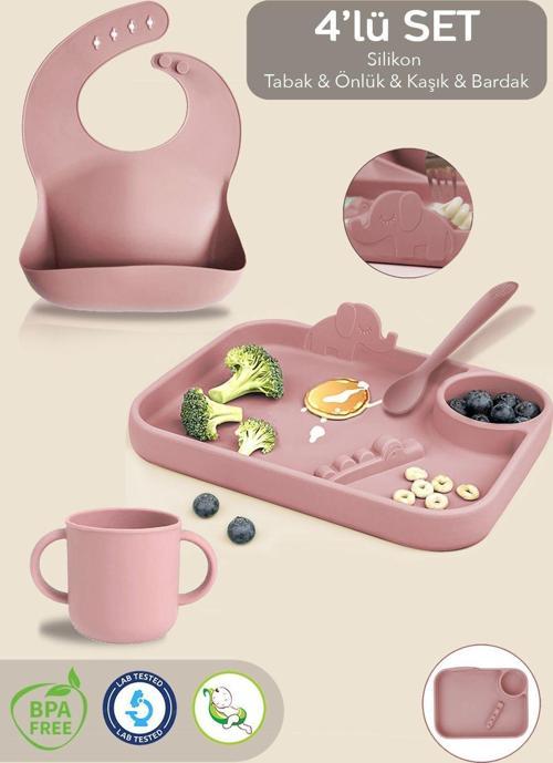 4'Lü Silikon Beslenme Seti- 3 Bölmeli Beslenme Tabağı- Silikon Kaşık - Silikon Önlük- Bardak - Pembe