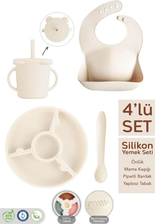4'Lü Silikon Beslenme Seti - Yapboz Puzzle Mama Tabağı Önlük Pipetli Bardak Diş Kaşıyıcı Kaşık Bej