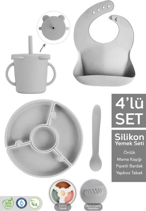 4'Lü Silikon Beslenme Seti - Yapboz Puzzle Mama Tabağı Önlük Pipetli Bardak Diş Kaşıyıcı Kaşık Gri