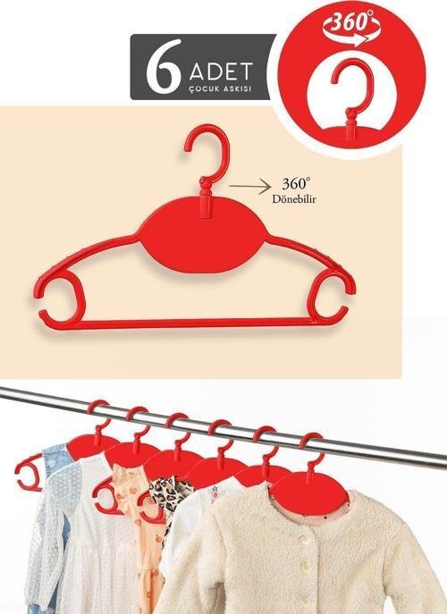 6 Adet Bebek Kıyafet Askısı - 360 Derece Dönebilen Plastik Çocuk Elbise Askısı - Kırmızı