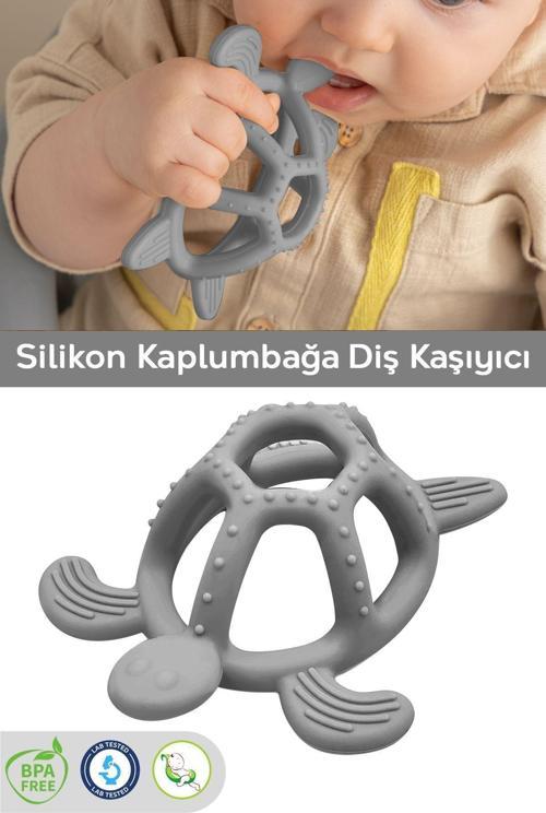 Kaplumbağa Figürlü Bebek Dişlik - Diş Kaşıyıcı Bebek Dişliği - Gri