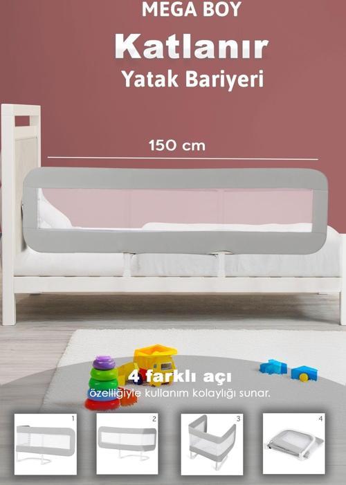 150X42 Cm Katlanır Bebek Yatak Bariyeri - Koruyucu Baza Korkuluğu Koruma Güvenlik Bariyeri Gri