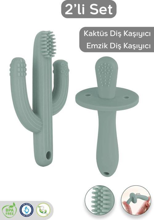 2'Li Bebek Diş Kaşıyıcı Seti - Silikon Diş Kaşıma Emziği, Kaktüs Silikon Diş Kaşıyıcı - Yeşil