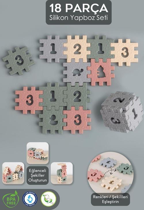 18 Parça Silikon Yapboz Oyuncak - Bebek Çocuk Eğitici Oyun Hayvan Rakam Detaylı Küp Oyuncak Renkli