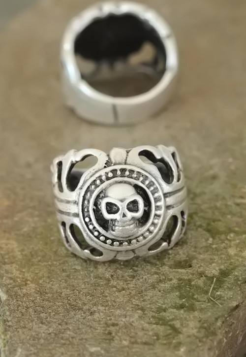 Eskitme Gümüş Renk Metal Kuru Kafa Tasarım Ayarlamalı Erkek Yüzük