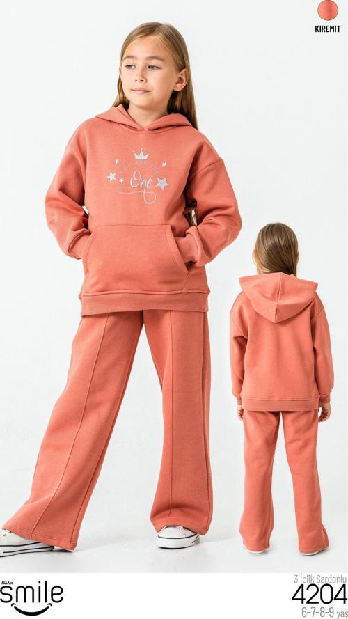 Kız Çocuk 3 İPLİK Şardonlu Kapüşonlu Alt Üs Takım Eşofman Takımı 4204K