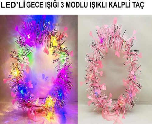 Kalp Püsküllü Gece Parıltısı 3 Modlu Led'Li Işıklı Taç Pembe Renk