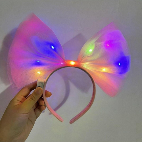 Rengarenk Led Işıklı Fiyonk Şekilli Tül Parti Tacı Pembe Renk 25X25 Cm