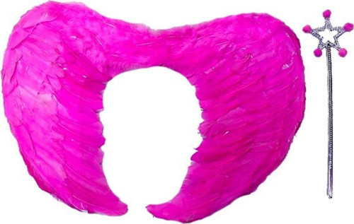 Gerçek Tüylü Katlanabilir Çocuk Pembe Melek Kanadı Ve Asa Seti 40X55 Cm