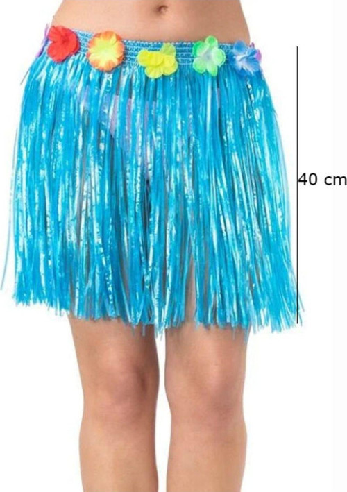 Yetişkin Ve Çocuk Uyumlu Mavi Renk Püsküllü Hawaii Luau Hula Etek 40 Cm