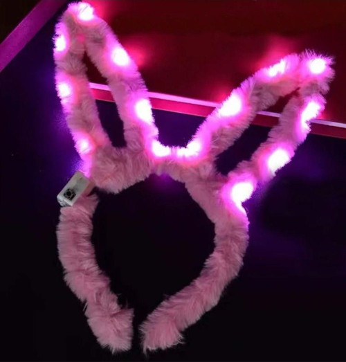 Led Işıklı Peluş Pofuduk Tavşan Kulak Tavşan Taç Pembe 17X23 Cm