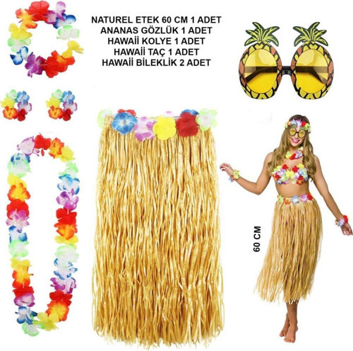 Hawaii Parti Kostüm Seti - 60 Cm Hasır Etek, Çiçekli Aksesuarlar Ve Ananas Gözlük