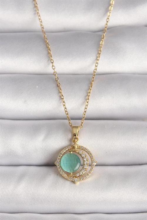 316L Çelik Gold Renk Zirkon Taşlı Yeşil Sedefli Hilal Model Kadın Kolye