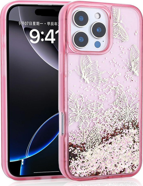 iPhone 16 Pro Max Kılıf Sıvılı Simli Kelebek Baskılı Şeffaf Arka Yüzey Glis Silikon Kılıf