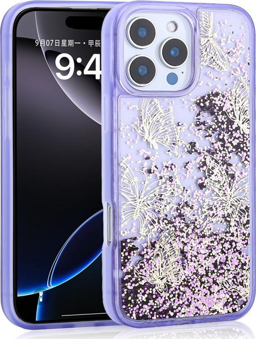 iPhone 16 Pro Max Kılıf Sıvılı Simli Kelebek Baskılı Şeffaf Arka Yüzey Glis Silikon Kılıf