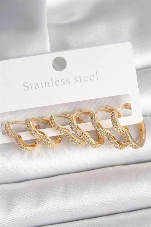Pirinç Gold Renk Zirkon Taşlı 3 Çift Kalp Model Kadın Küpe