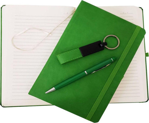 Yeşil Termo Deri Defter, Kalem Ve Anahtarlık Seti