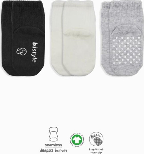 Bistyle Basic Kaymaz Penye Soket Çorap 3'Lü Bs10106 Siyah Ekru Gri