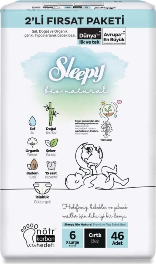 Sleepy Bio Natural Bebek Bezi 2'Li Fırsat Paketi 6 Beden 46 Adet