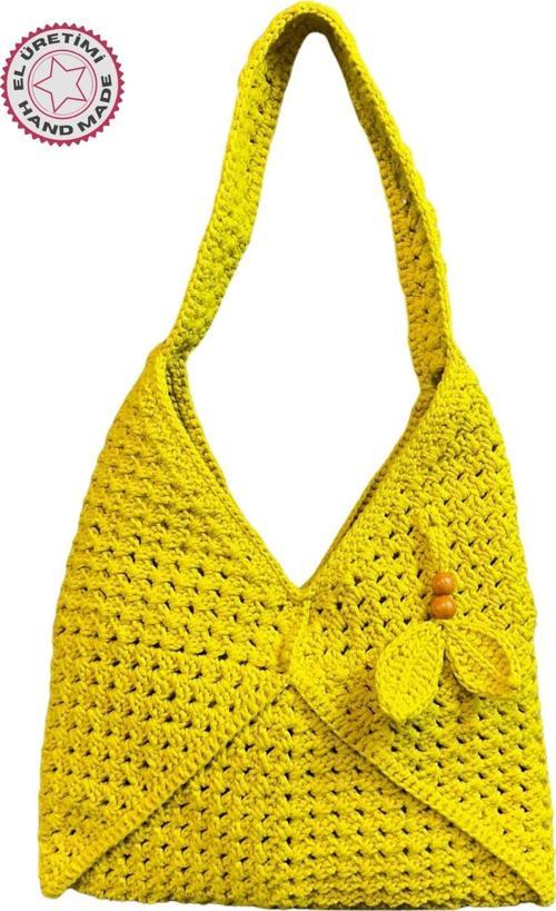 - Emine 9106 8528 El Örgüsü Ahşap Boncuk Detaylı Omuz Çantası  - Limon Sarısı