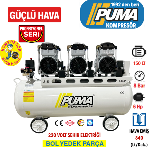 150 LİTRE YAĞSIZ SES DESİBELİ DÜŞÜK KOMPRESÖR (6 HP)