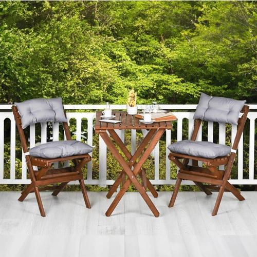Ahşap Katlanır Minderli 3'lü Bistro Set Mutfak Balkon Bahçe Masa Sandalye Seti Ceviz Gri