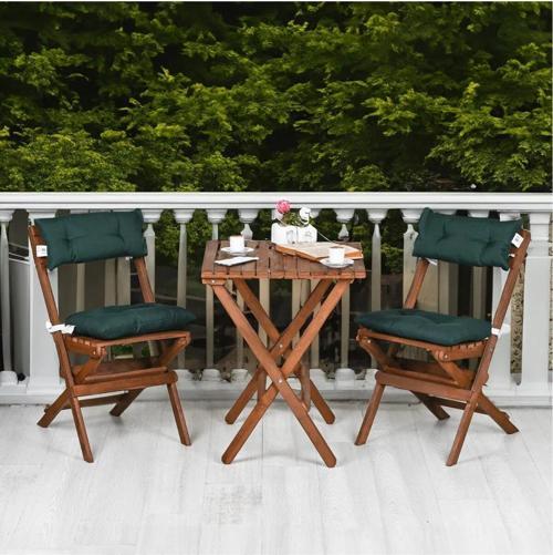 Ahşap Katlanır Minderli 3'lü Bistro Set Mutfak Balkon Bahçe Masa Sandalye Seti Ceviz Yeşil