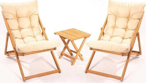 Flex 2'li Ahşap Puf Minderli Bahçe, Balkon, Teras ve Plaj Katlanır Şezlong Set Bistro
