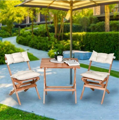 Ahşap Katlanır Puf Minderli 3'lü Bistro Set Bahçe Takımı Naturel Krem