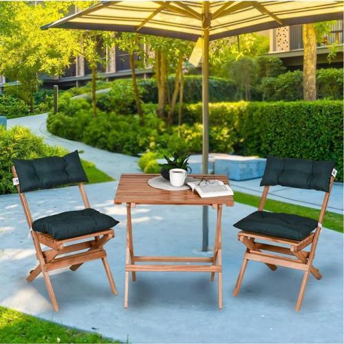 Ahşap Katlanır Puf Minderli 3'lü Bistro Set Bahçe Takımı Naturel Yeşil