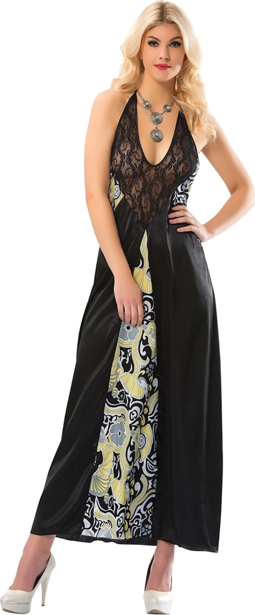 Siyah Dantelli Saten Gecelik - 086