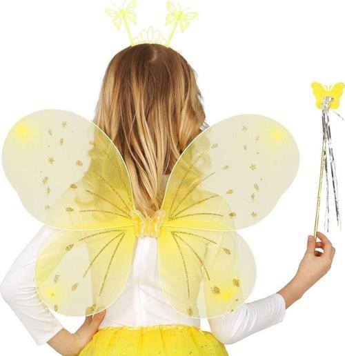 Sarı Kelebek Erkek-kız Seti – 50 Cm Kelebek Kanadı, Taç Ve Asa