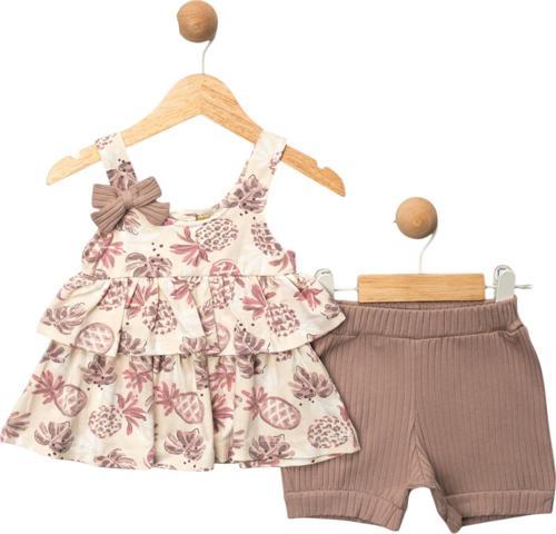 BASKILI FİYONKLU KIZ TAKIM Bej