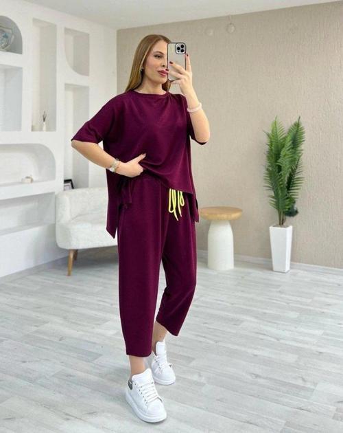 Kadın Kısa Kollu Bisiklet Yaka Viskon Iki Iplik Bluz Ve Pantolon Ikili Takım